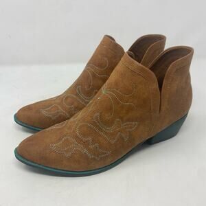 Jolimall Cognac Brown Faux Leather with Teal Heels Western Booties Size 9